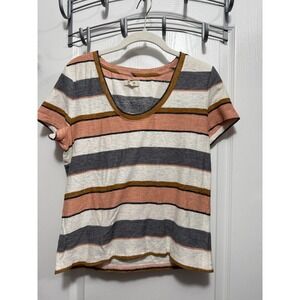 Madewell Striped Scoop Neck Tee‎ Shirt Women Size Small Coral Gray White Brown